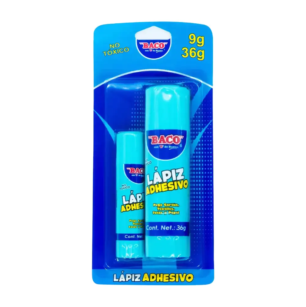 Blíster con 2 pegamentos adhesivos baco en barra de 9g y 36g