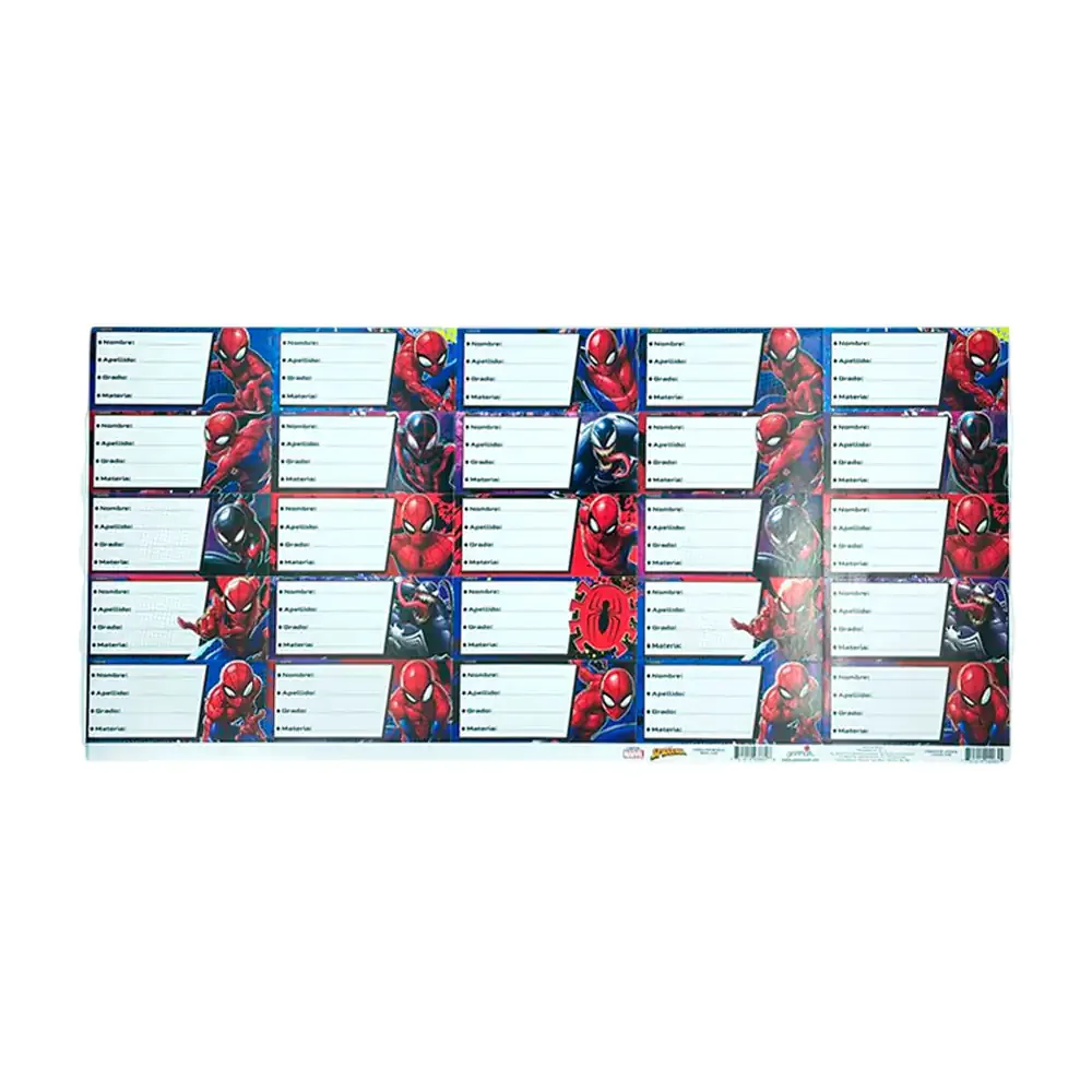 1pza Planilla con 25 etiquetas escolares con estampado de spider man
