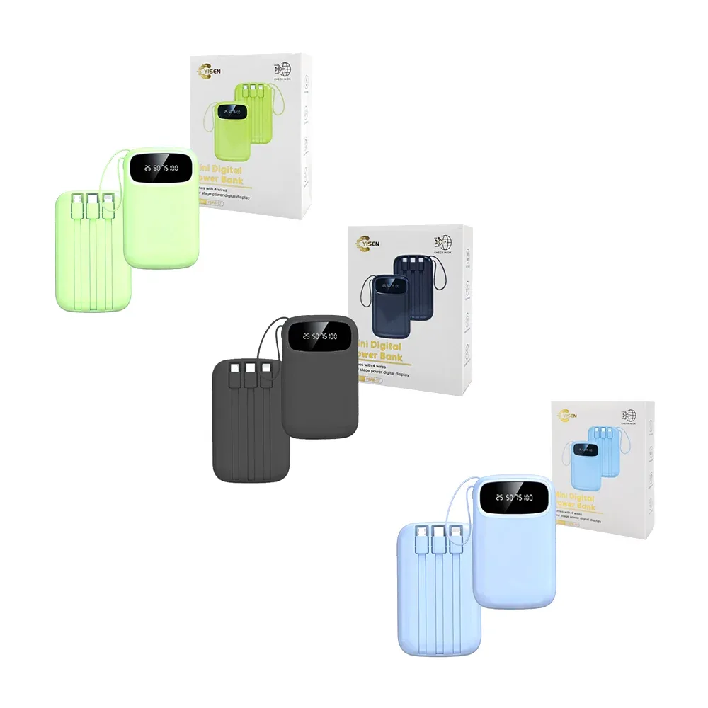 Power bank yisen, pequeña con pantalla, múltiples puertos y cables para cargar