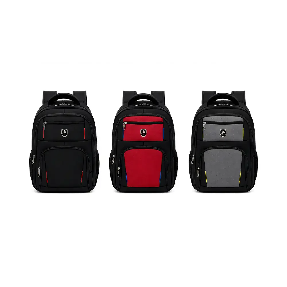 Mochila polweng bicolor rígida con 5 compartimentos y 4 líneas de color frontal
