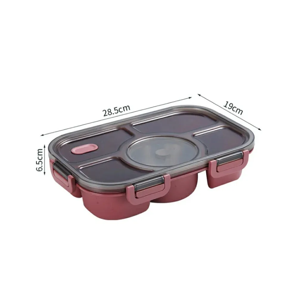 Tupper grande de plástico con 5 compartimientos + recipiente pequeño de metal, variedad de colores / 1682063