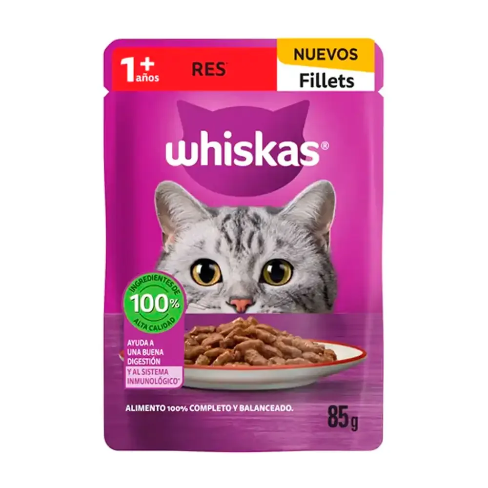 1pz alimento húmedo whiskas fillets sabor carne para gatos adultos, 85g / 5910