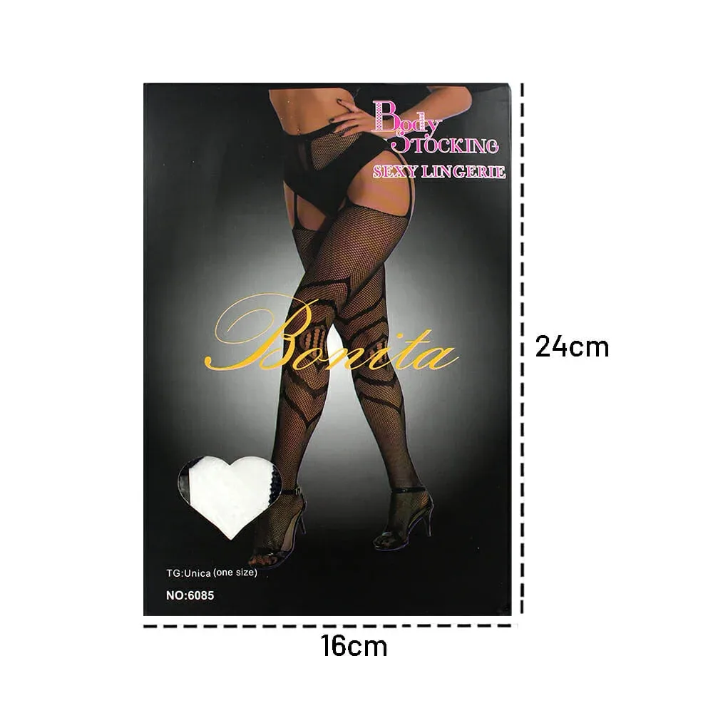 Lencería color negro para dama, malla pantimedia de red y liguero con diseño / bonita / 6085