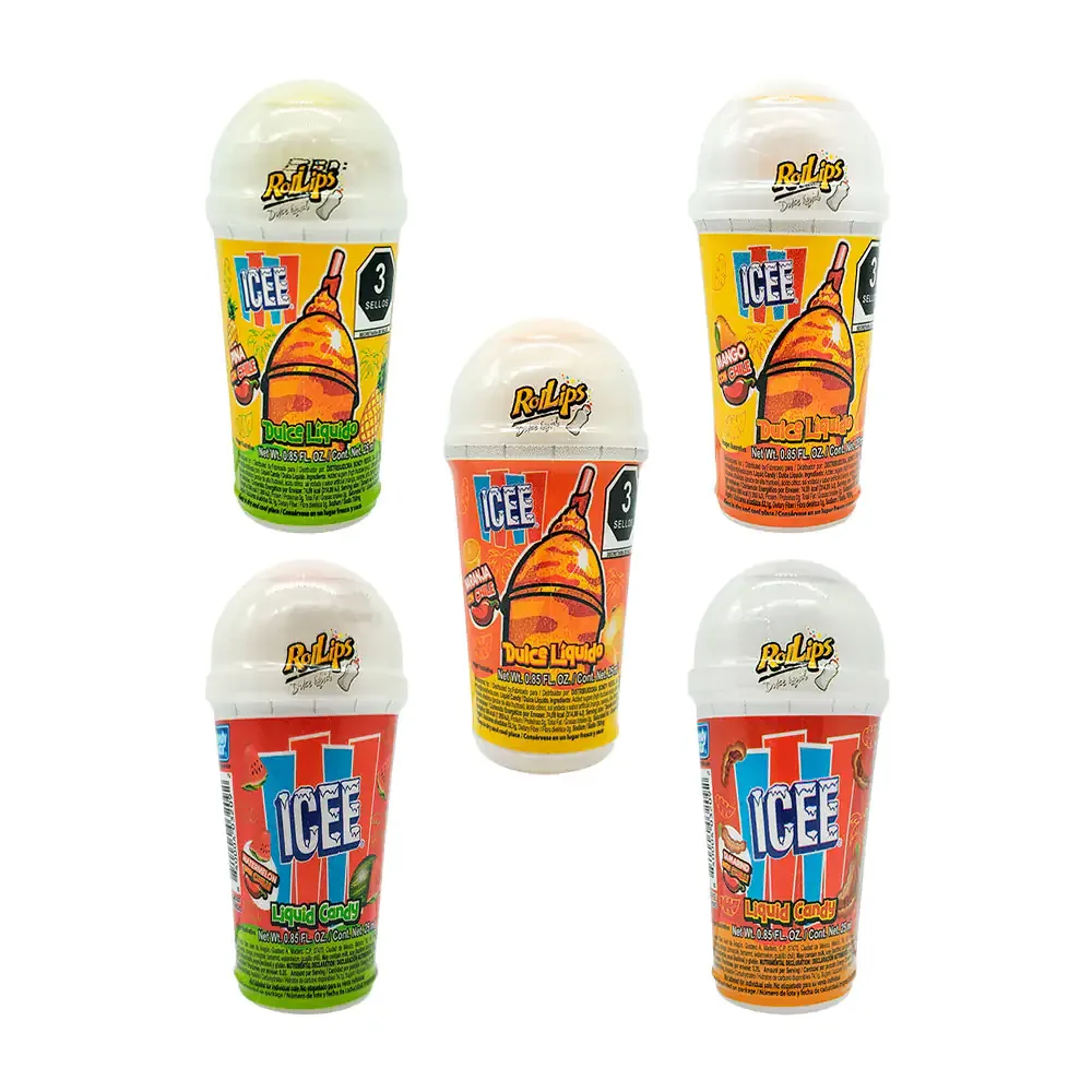 Mini bote icee roll-on con dulce líquido sabor a fruta tropical con chile, 25ml, variedad