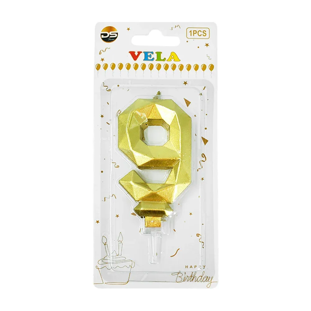 1pza Vela con efecto metálico dorado y forma no.9 para pastel / ds09514