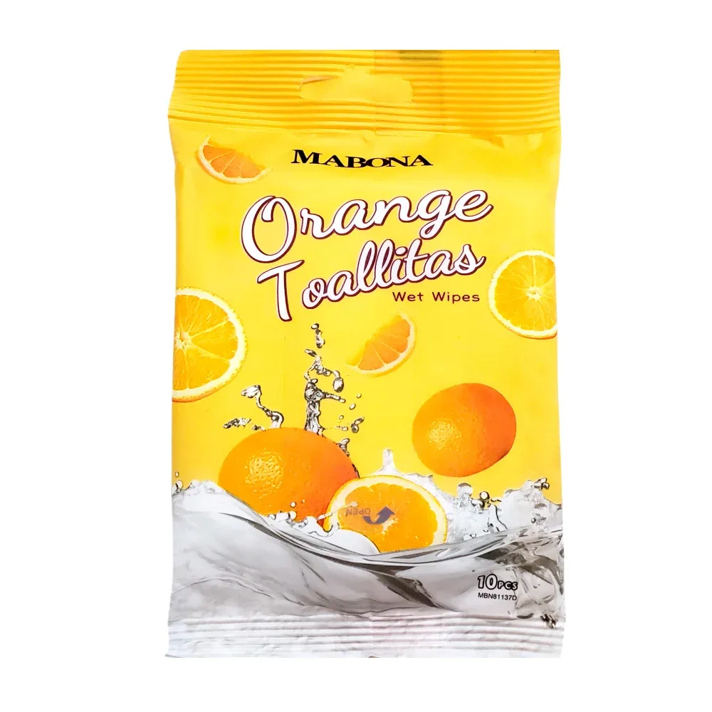 Paquete con 10 toallitas mabona, húmedas para limpiar, aroma a naranja