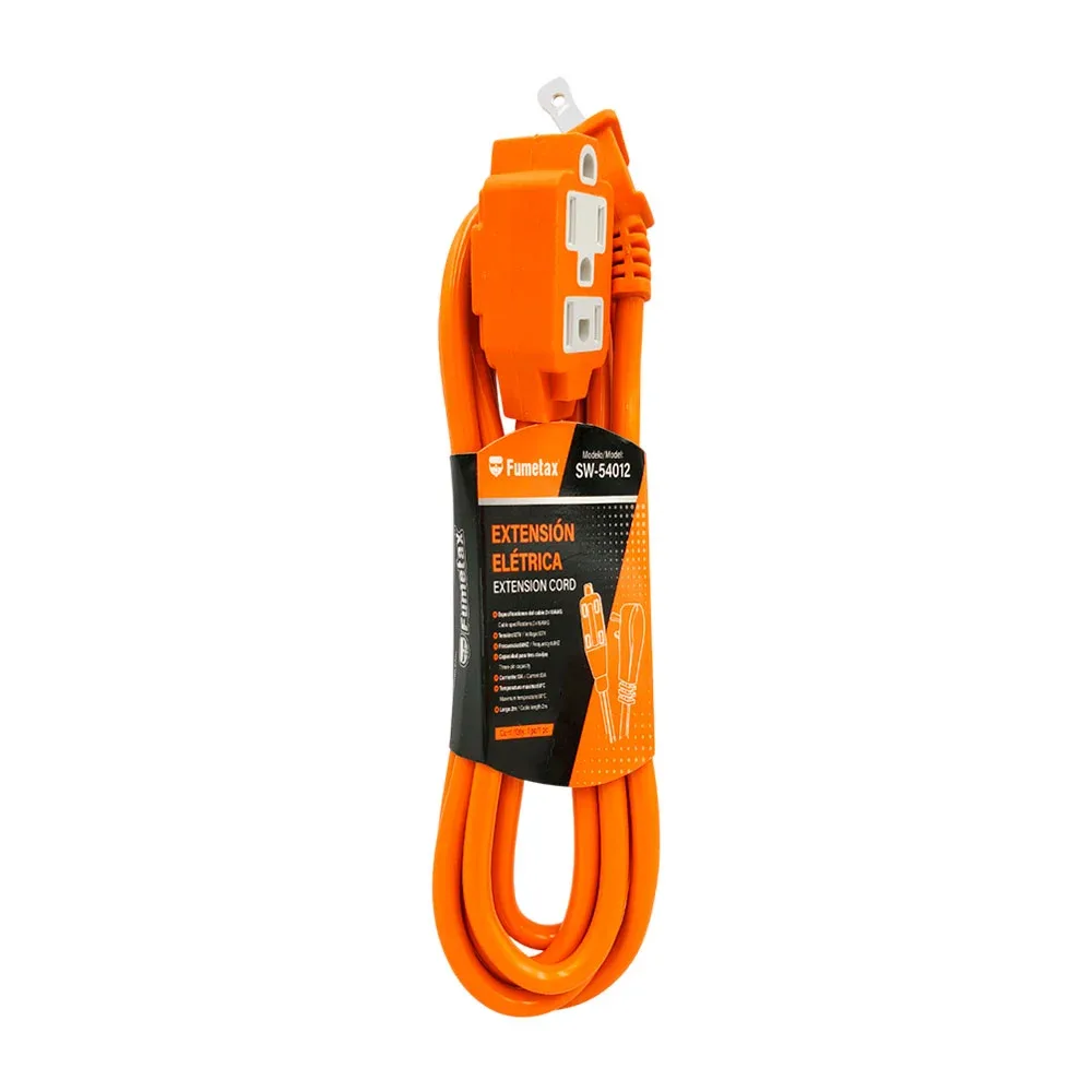 Extensión eléctrica fumetax, naranja de uso rudo, 3 conectores, 2m de largo