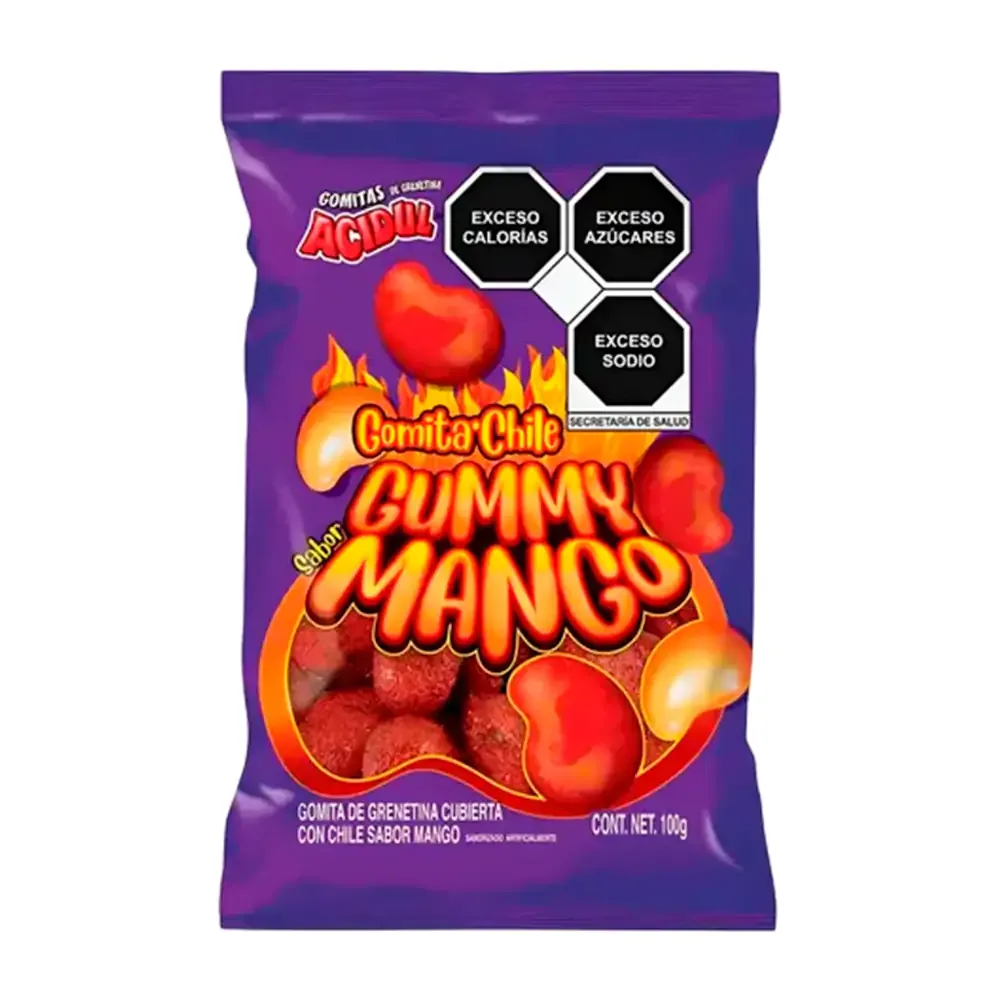 Bolsa de gomitas acidul gummy sabor mango con cubierta de mezcla picosa, 100g / pm100