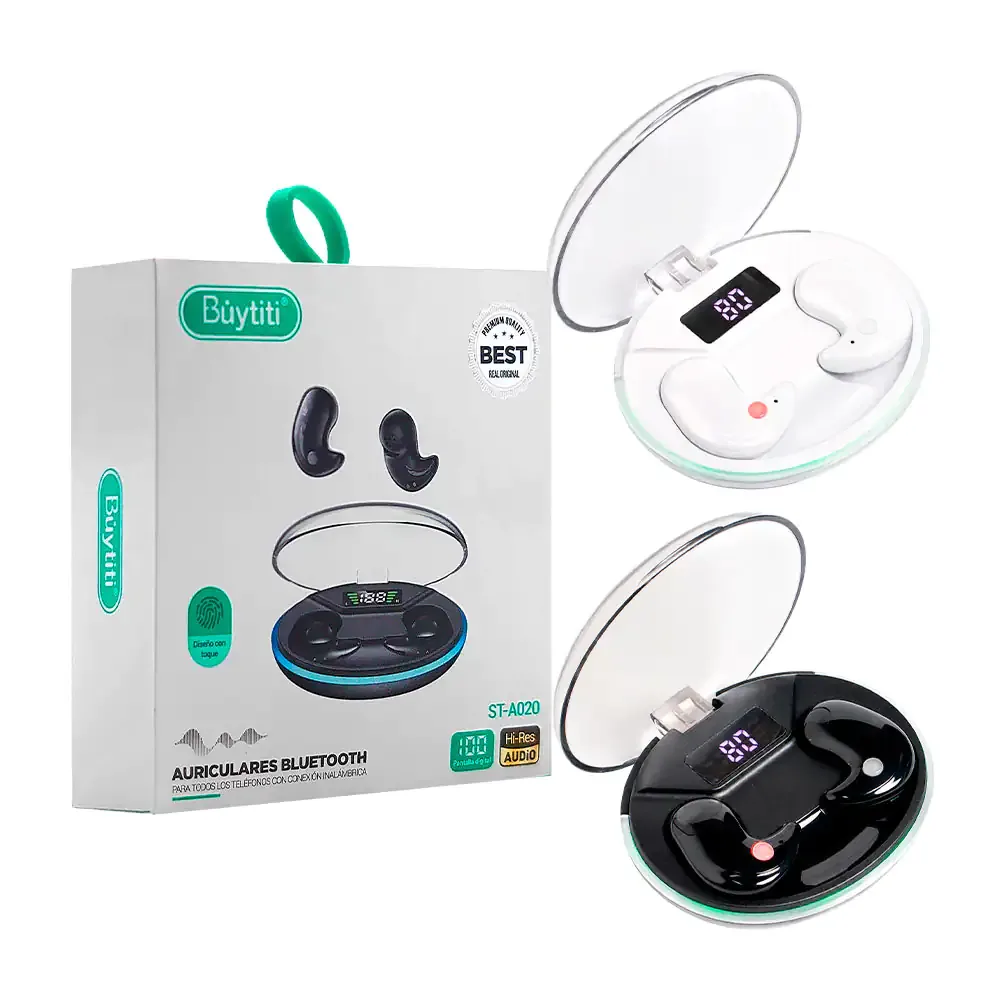 Audífonos inalámbricos bluetooth buytiti con estuche ovalado y diseño discreto