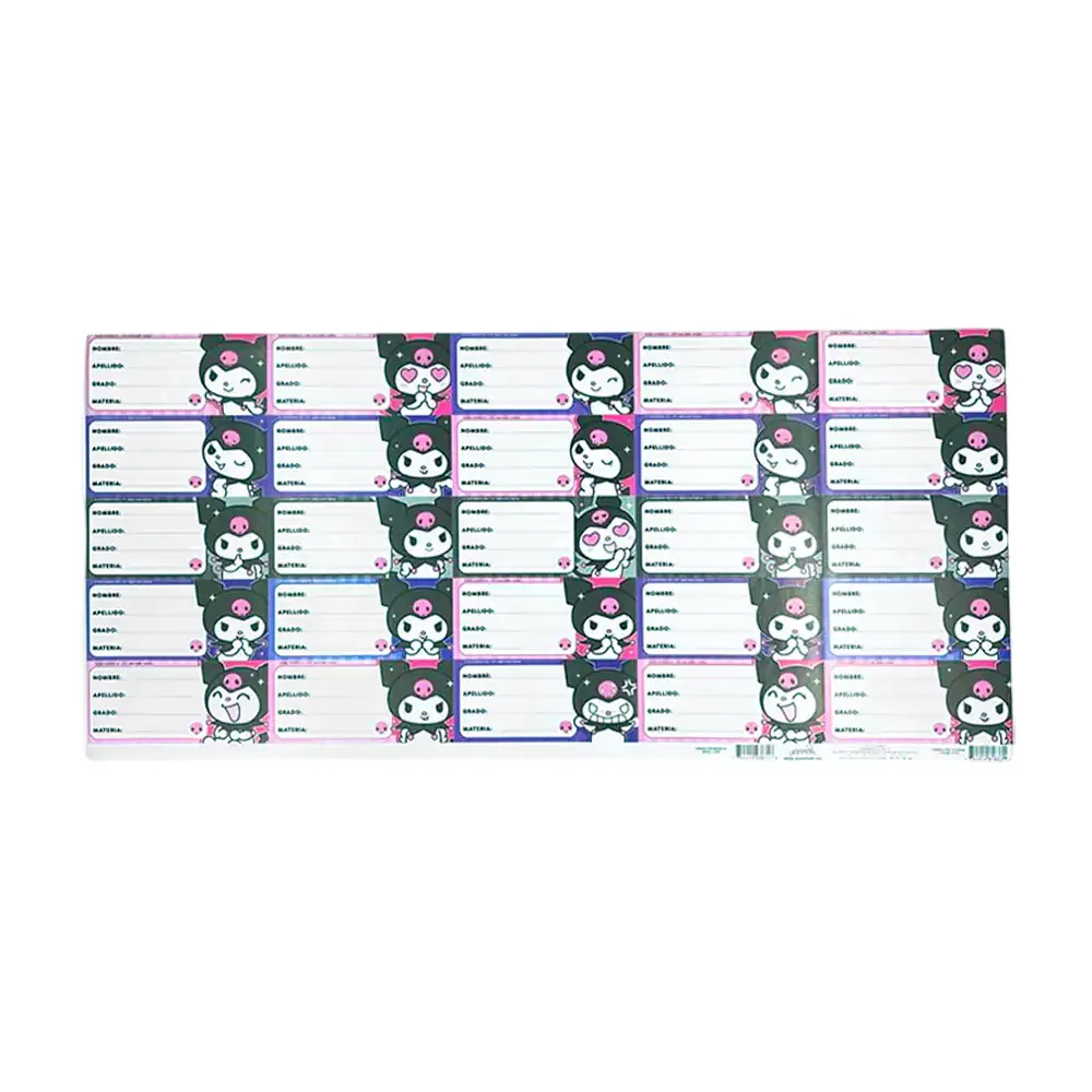 1pza Planilla con 25 etiquetas escolares con estampado de kuromi