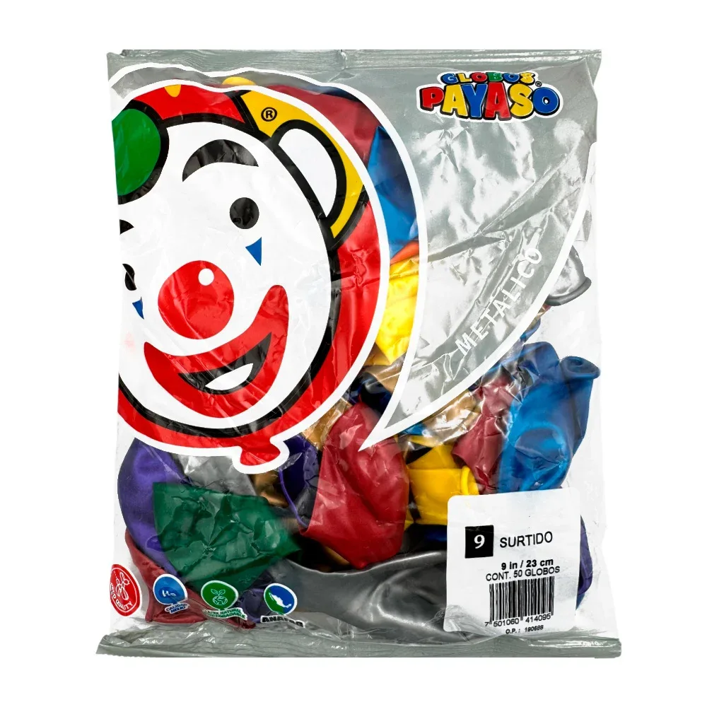 Paquete con 50 globos payaso de 9 in - 23 cm en color metálico - perla surtido de colores / 414095 / 414279