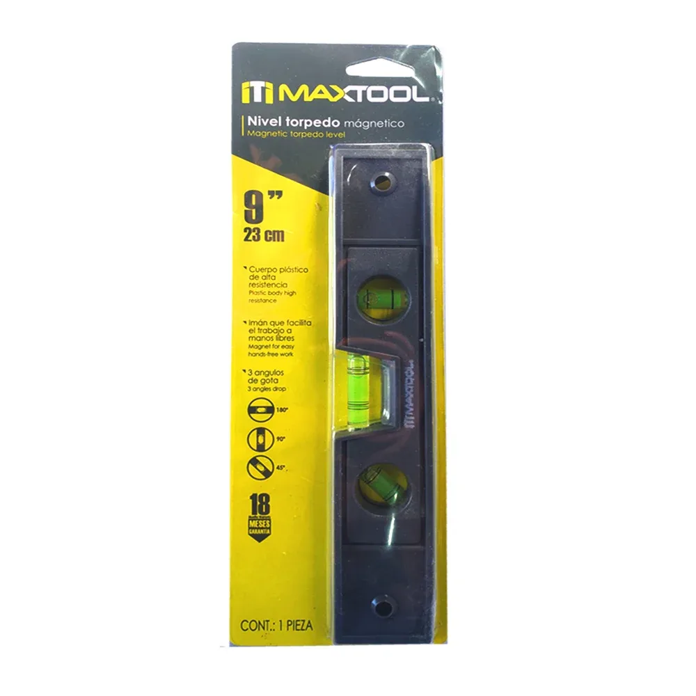 Nivelador torpedo magnético maxtool de 9 pulgadas - 23cm con 3 ángulos de gota / 303101