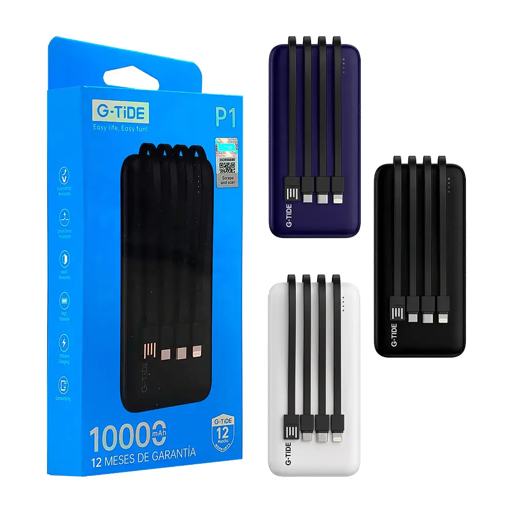 Batería portátil de 10000mah +  cuatro cables integrados tipo c, micro usb y usb estándar