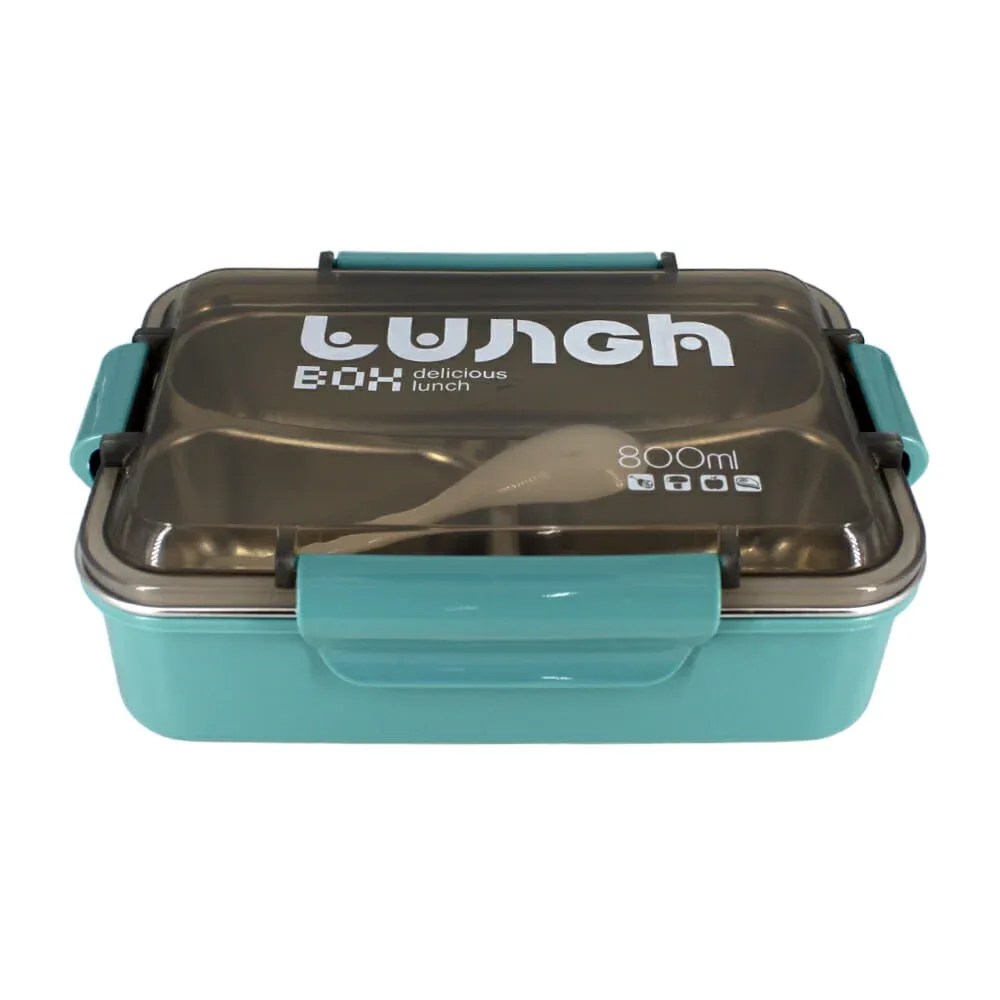 Tupper rectangular de 3 compartimientos con bandeja de metal y cubiertos / lunch 8550