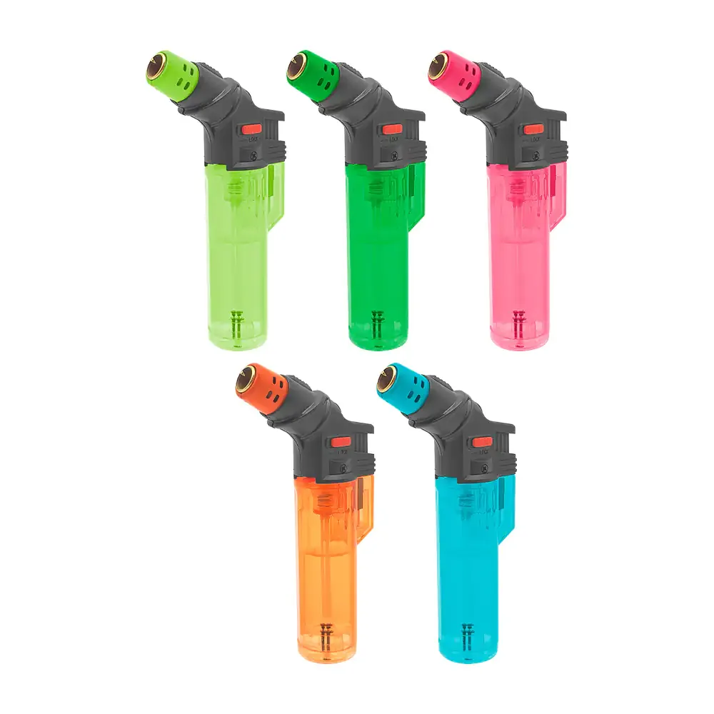 1pza Encendedor tipo soplete recargable con punta colorida + botón de seguridad, 10.5cm, variedad