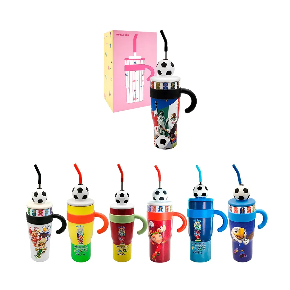 Termo de 40oz con asa y estampado de fútbol con popote, variedad de diseños