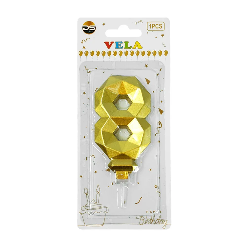 1pza Vela con efecto metálico dorado y forma no.8 para pastel / ds09513