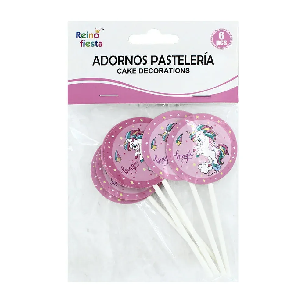 Paquete de 6 mini letreros redondos reino fiesta con diseño de unicornio para decoración de cupcakes / cake decorations