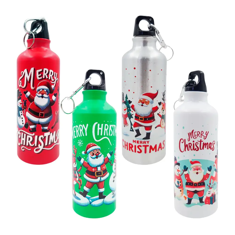 Botella navideña de aluminio 500ml, tapa hermética + gancho metalico, variedad de colores y diseños