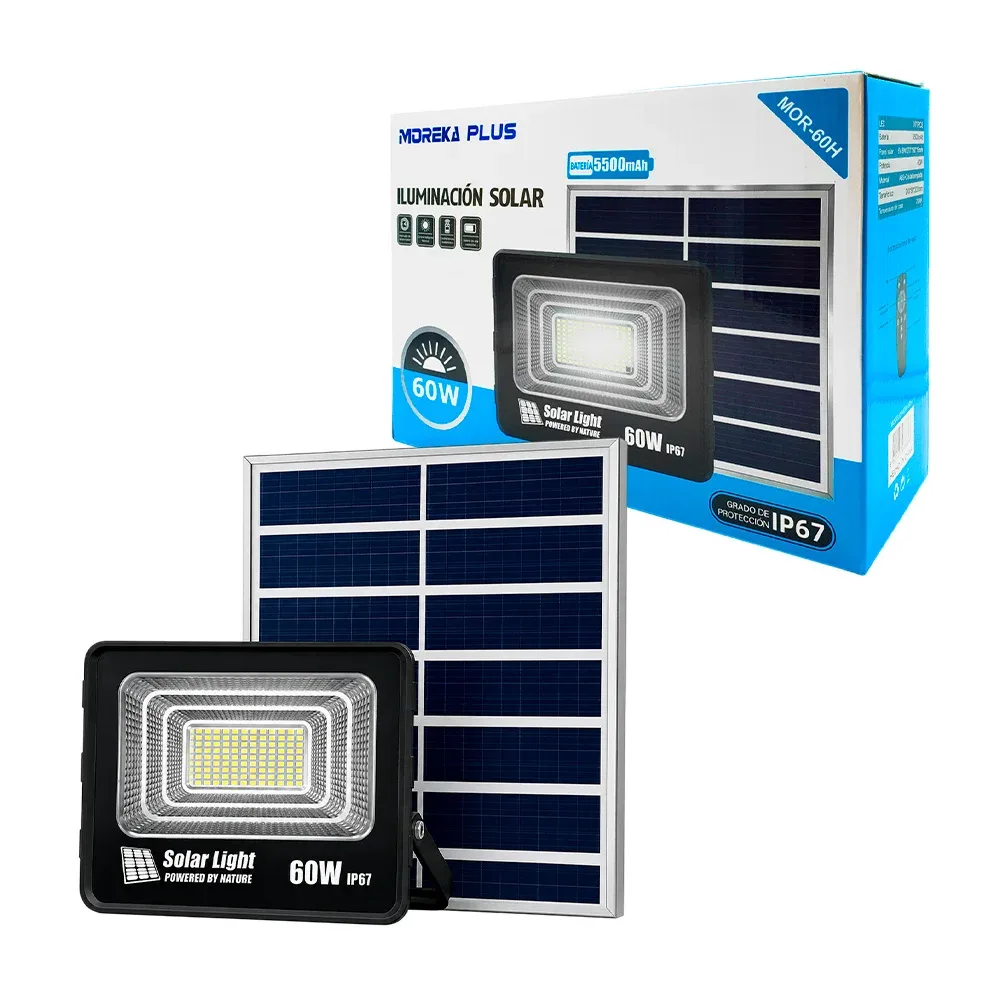 Lámpara - reflector de 60w con panel solar, protección ip67 + control remoto