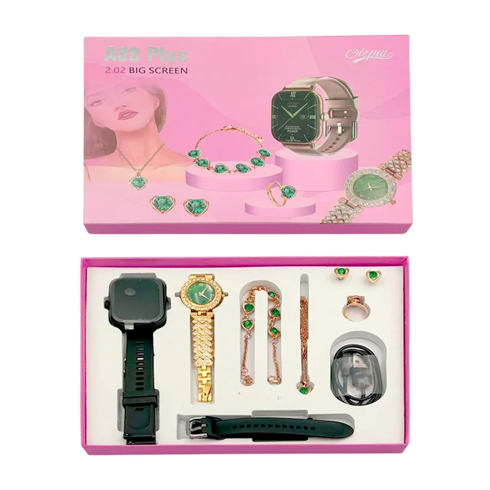 Smart watch a89 plus con 2 correas intercambiables + reloj de mano analógico, brazalete, collar, anillo y aretes con pedrería / a89-plus