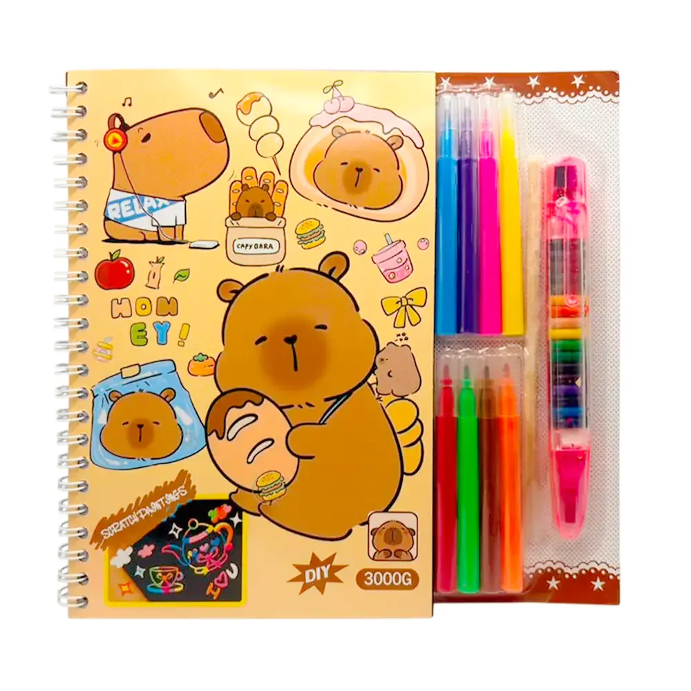 Paquete con libreta - cuaderno de dibujo con diseño de capibara + accesorios, variedad