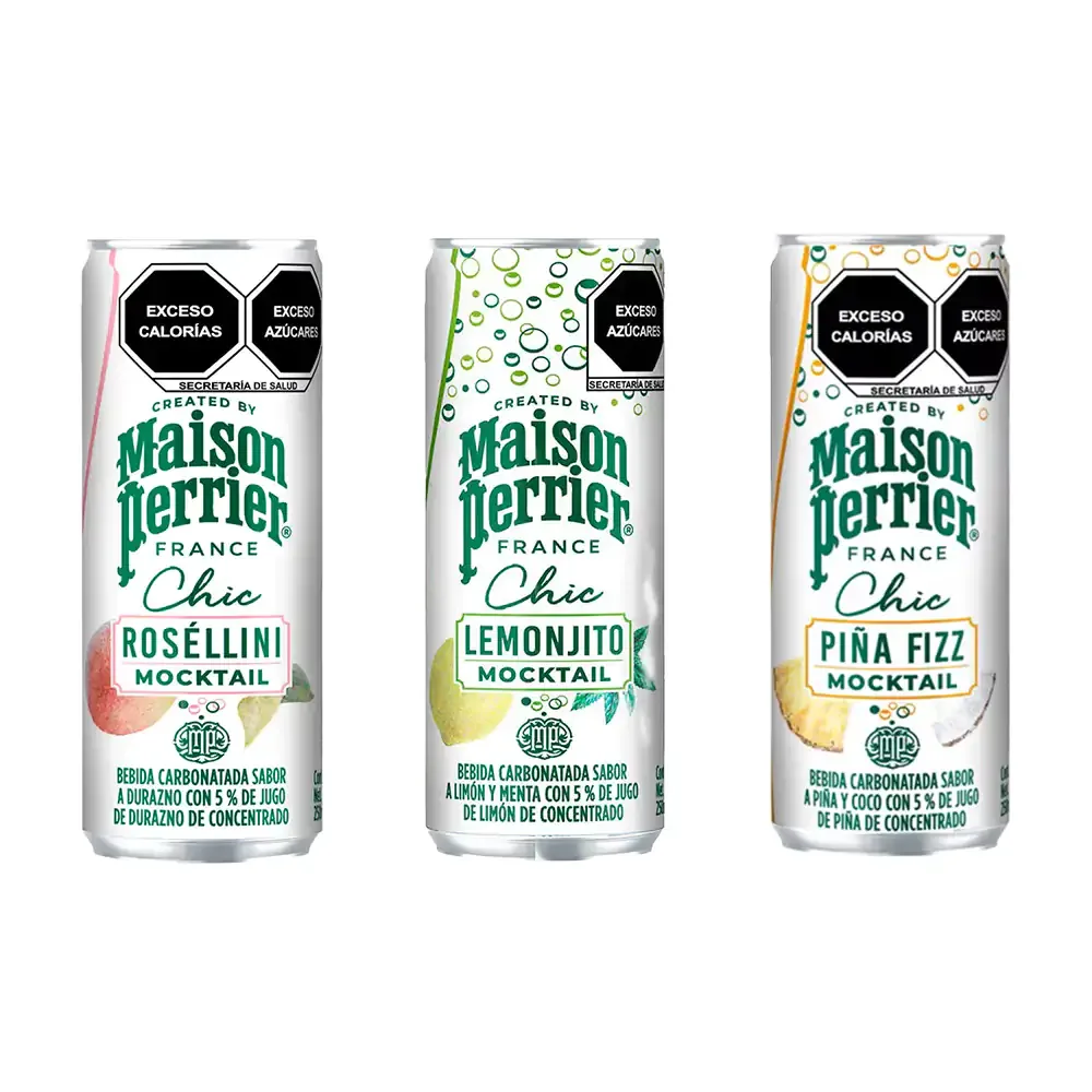 1pza lata mocktail maison perrier france chic, bebida carbonatada con jugo, 250ml, variedad de sabores
