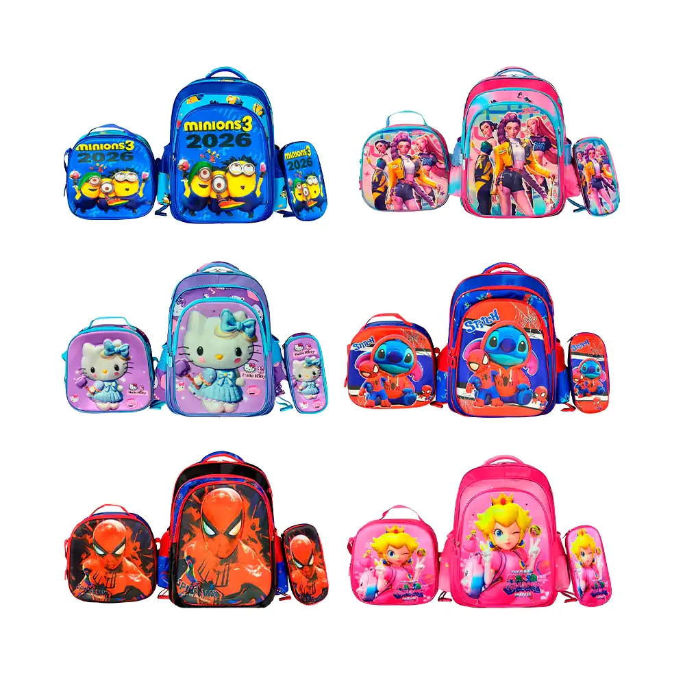 Mochila escolar infantil con luz 3 compartimentos lonchera y lapicera, diseño 3d