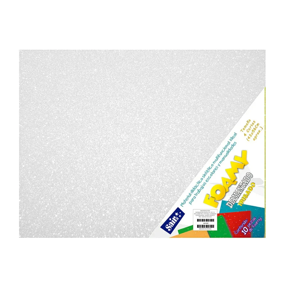 Paquete con 10 hojas de foamy diamantado irisado tamaño 4 cartas o 43x56cm color blanco / 858367