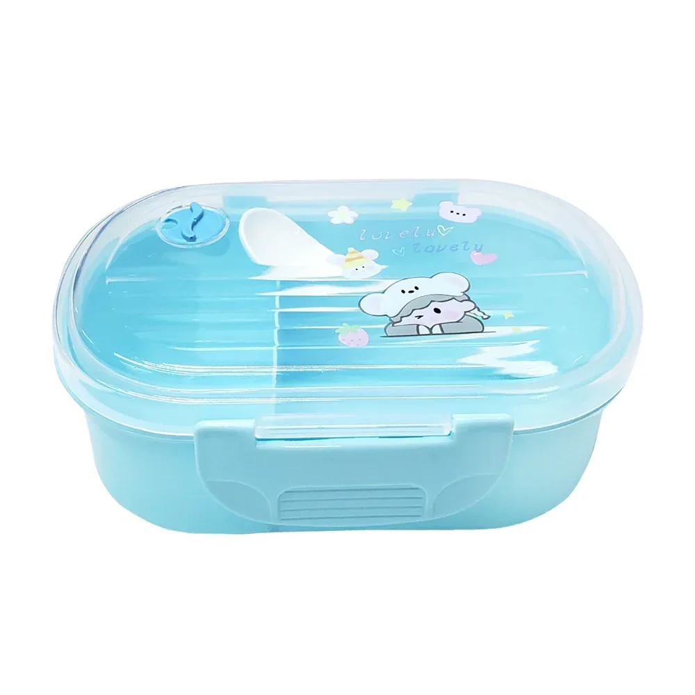 Tupper ovalado de plástico con 2 compartimentos, cuchara y diseño kawaii de muñeca, variedad de colores
