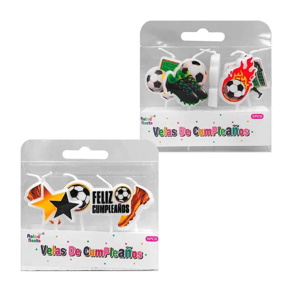 Paquete de 5 velas decorativas con temática deportiva, variedad de modelos