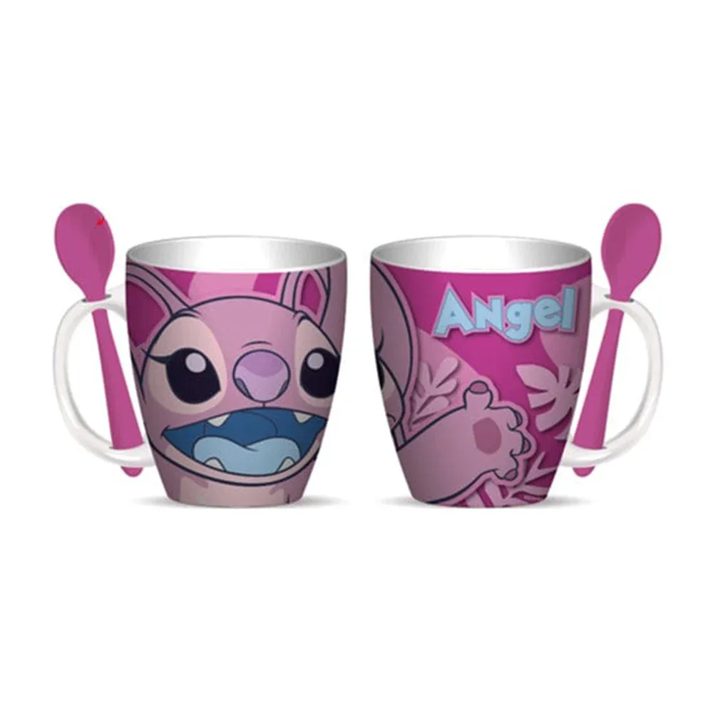Juego de 2 tazas de porcelana con cucharas de cerámica y diseño de stitch y ángel con capacidad de 310ml / 1738-252