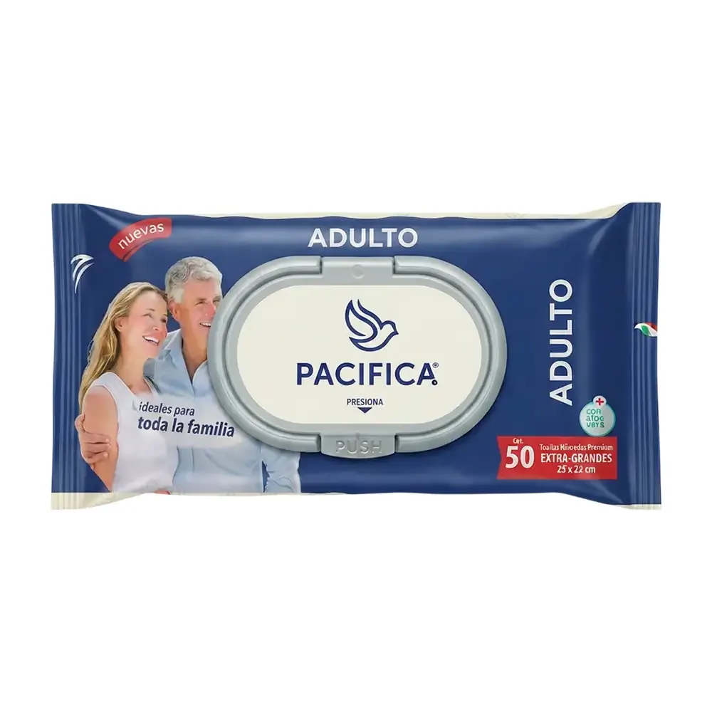 Paquete con 50 toallitas húmedas pacifica para adulto, extra grandes