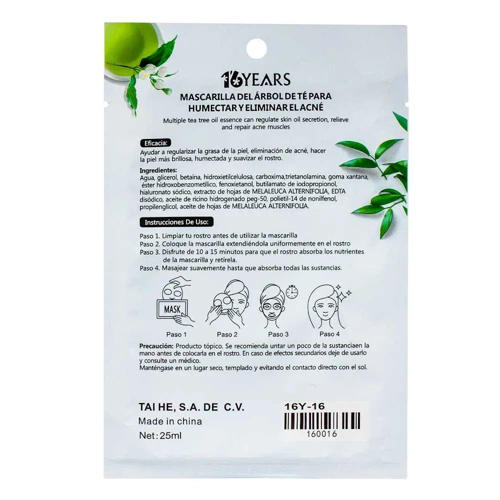 1pza Mascarilla facial 16years anti acné, con extracto de té verde 25ml / 16y-16