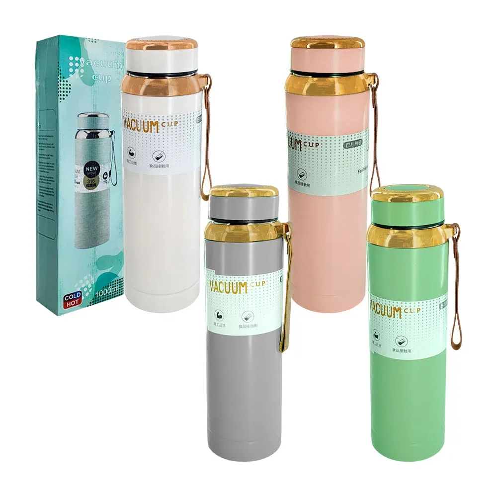 Botella termo sport de 1000ml con detalles metálicos y asa de piel, variedad