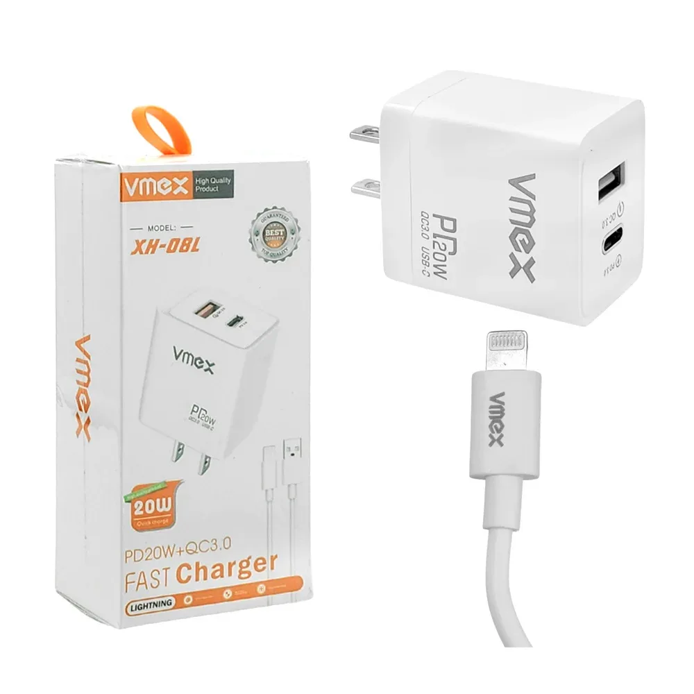 Combo cargador, carga rápida 20w, doble salida usb-a y usb-c, cable usb-a a ip
