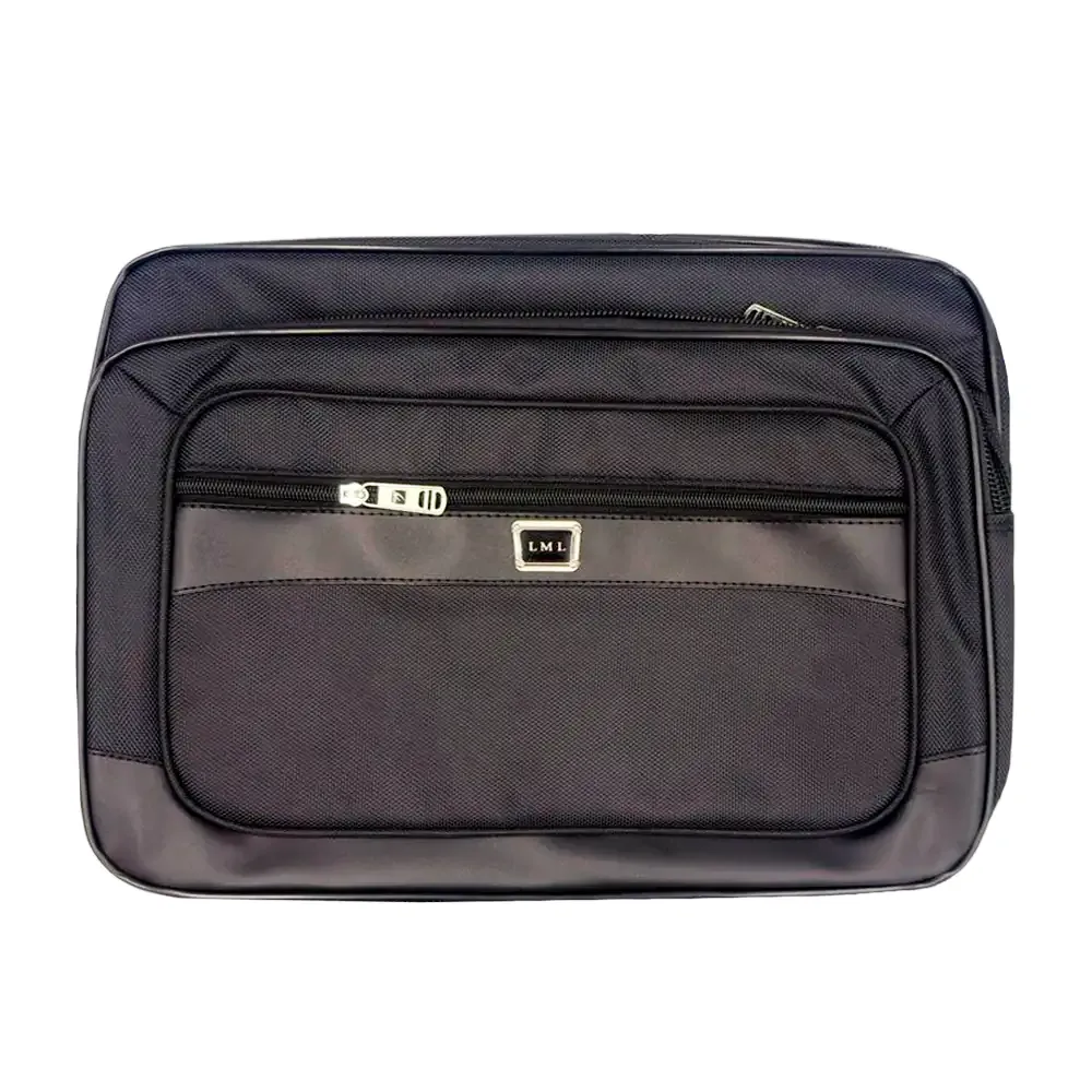 Bolsa tipo maletín de 5 compartimentos con cierre frontal, correa y mini placa metálica 42x32cm