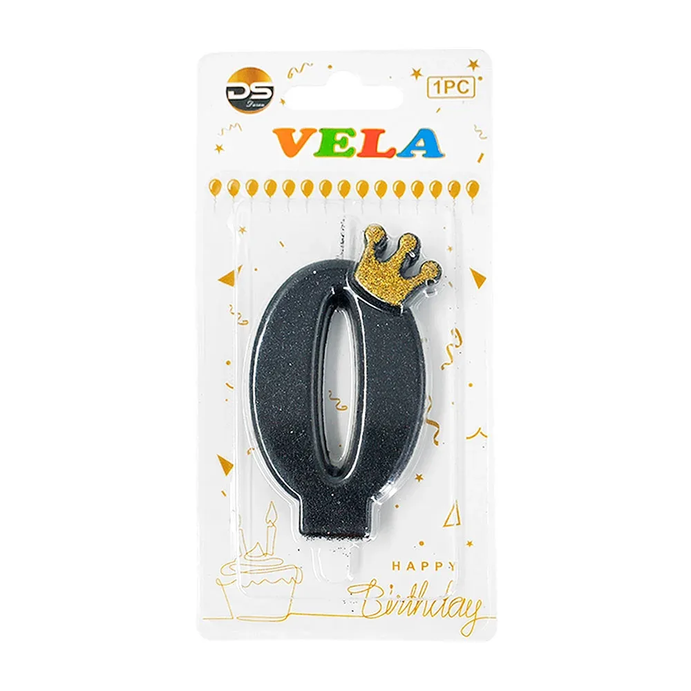 1pza Vela de brillantina negra con el no.0 para pastel de cumpleaños /ds02422