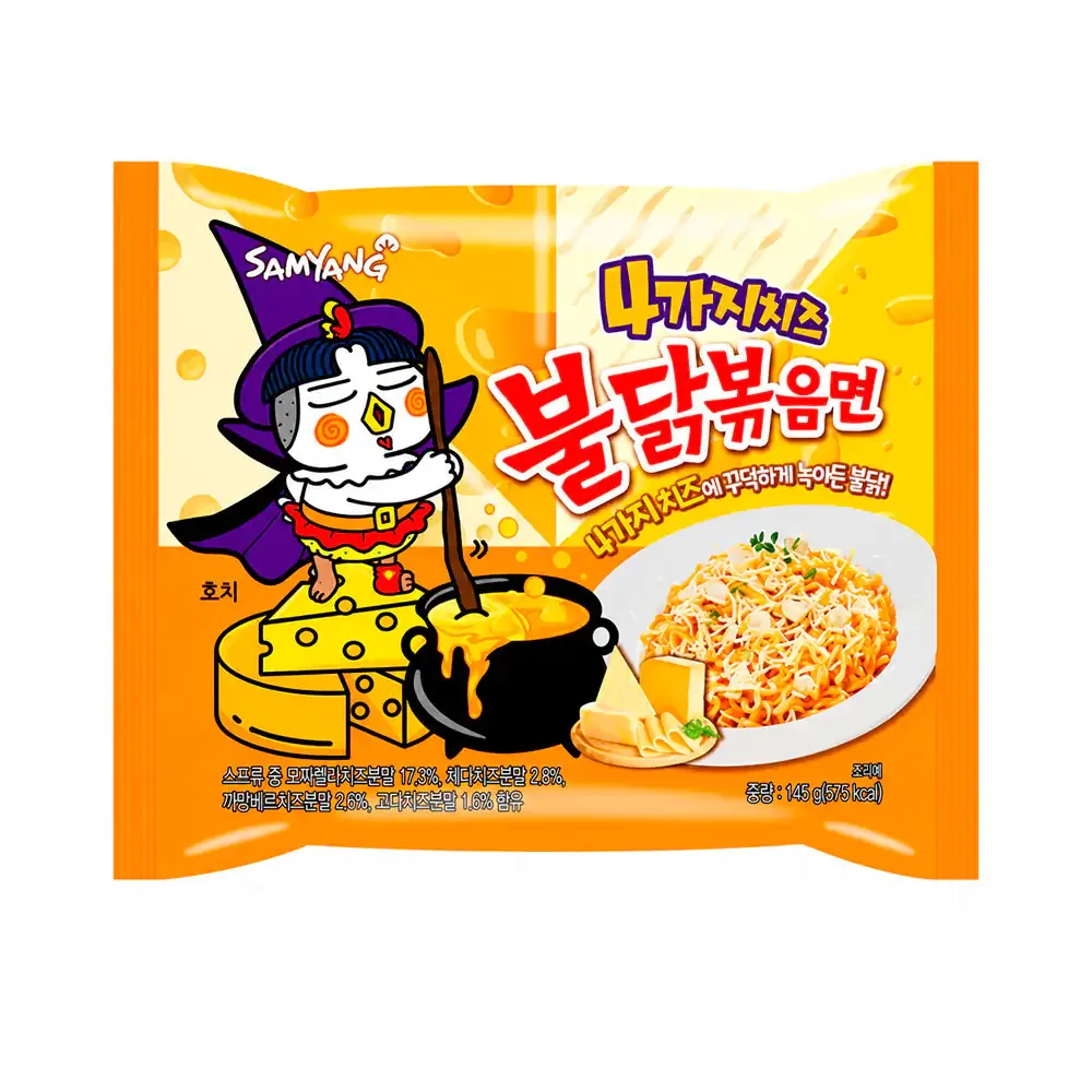 Ramen original buldak, sabor 4 quesos con un leve sabor a picante, 145g