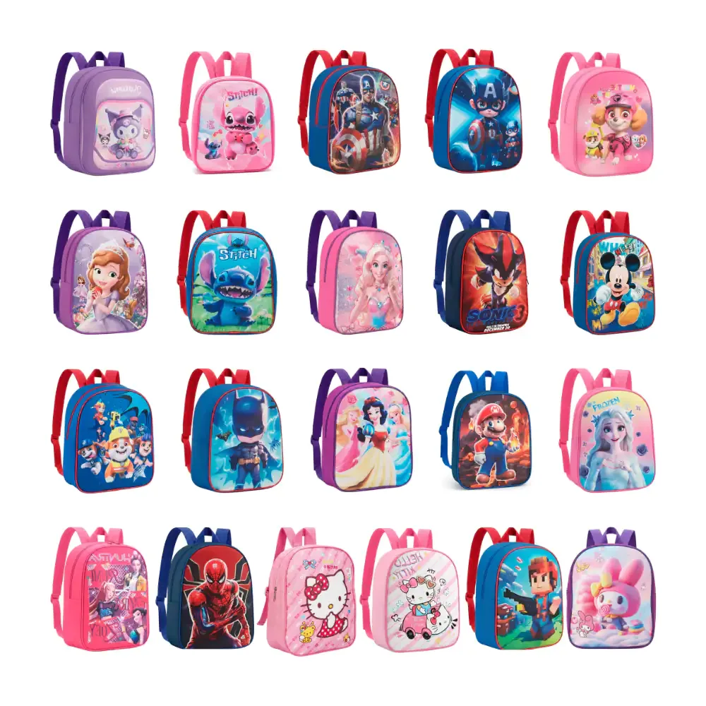 Mini mochila infantil de 1 compartimento con estampado de personajes, variedad, 27x22cm