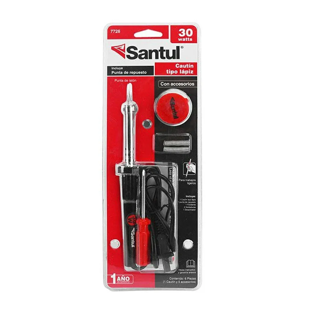 Cautín eléctrico santul tipo lápiz 30 watts con punta de repuesto y 4 accesorios / 7726