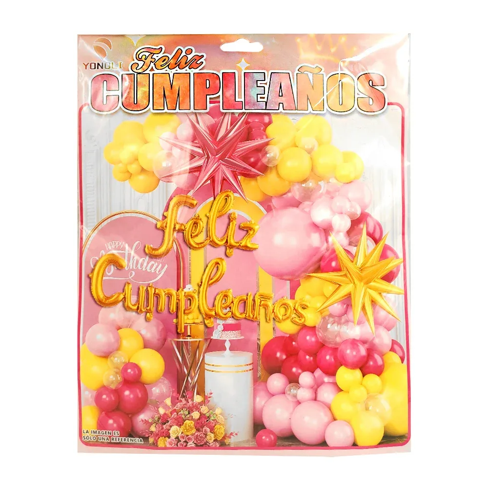 Kit decorativo feliz cumpleaños en tonos amarillo y rosa + globos de estrella