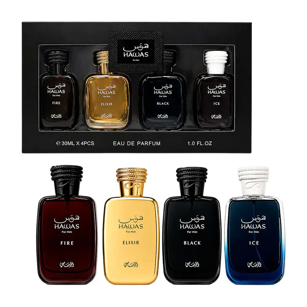 Paquete con 4 perfumes hawas con fragancia en spray de 30ml para caballero