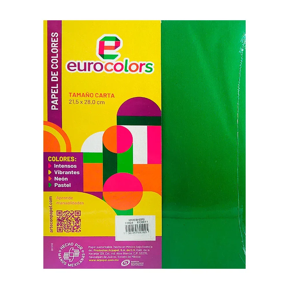 Paquete con 100 hojas eurocolors tamaño carta en color verde bandera / ec0011