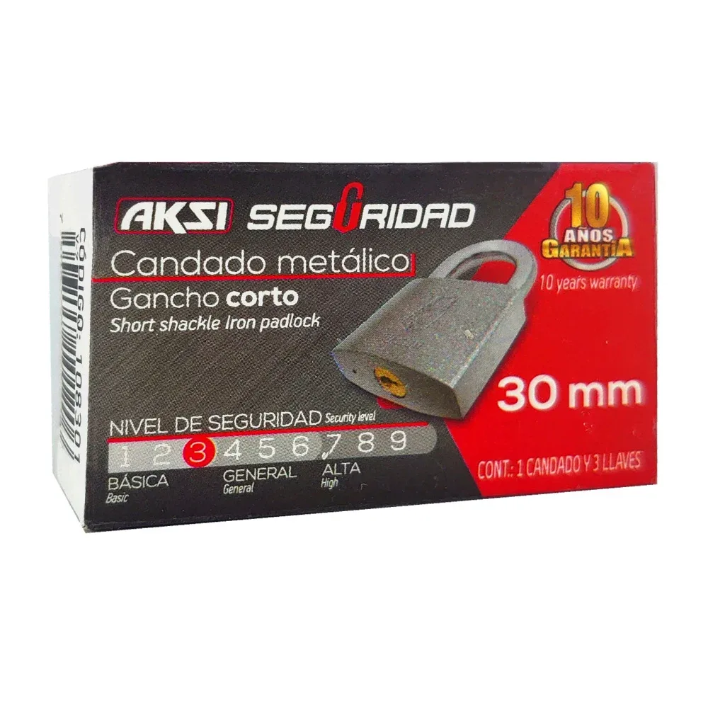 Candado metálico aksi de 30mm con gancho corto y juego de 3 llaves / 108301