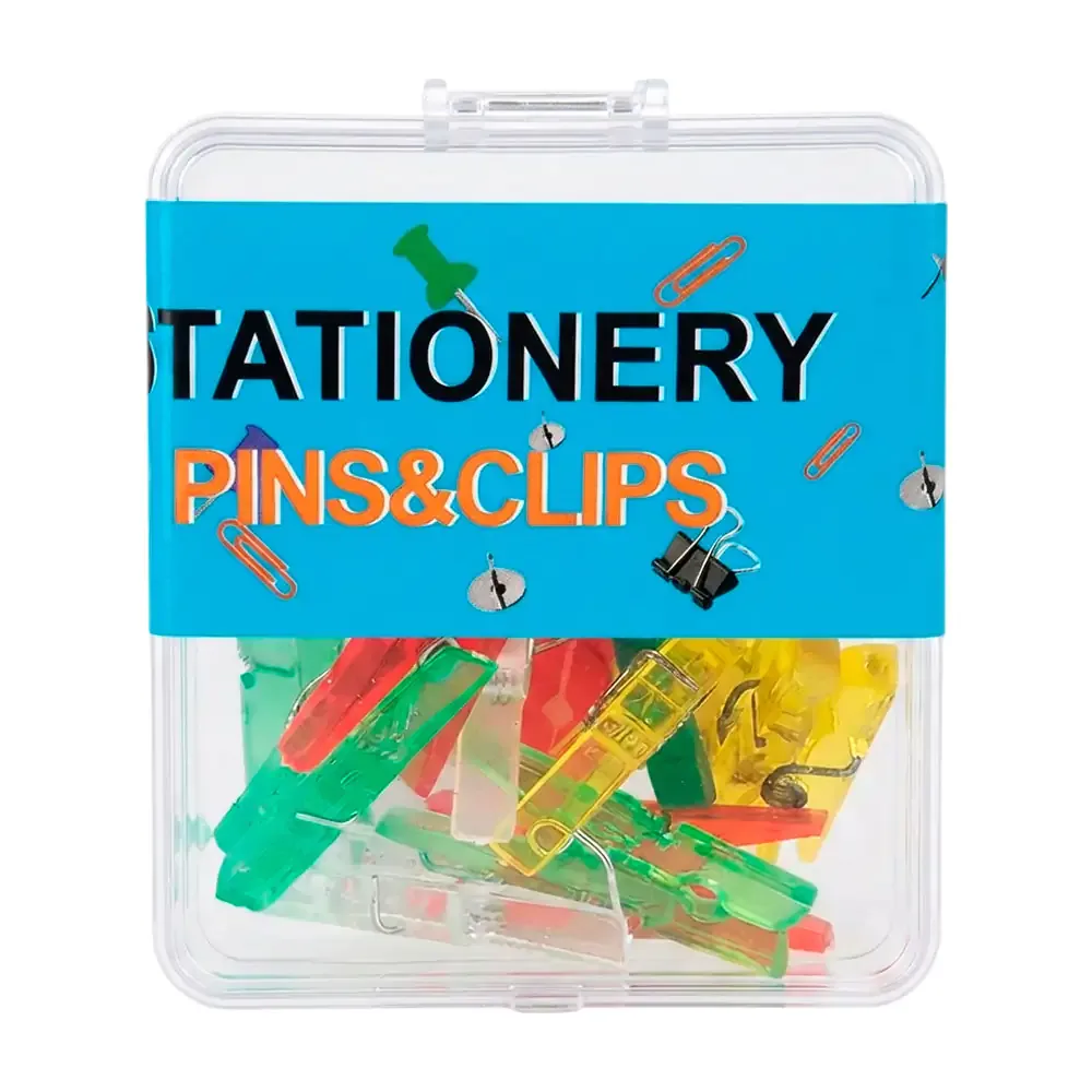 Estuche de plástico con 12 mini pinzas para papelería en colores translúcidos / b8639