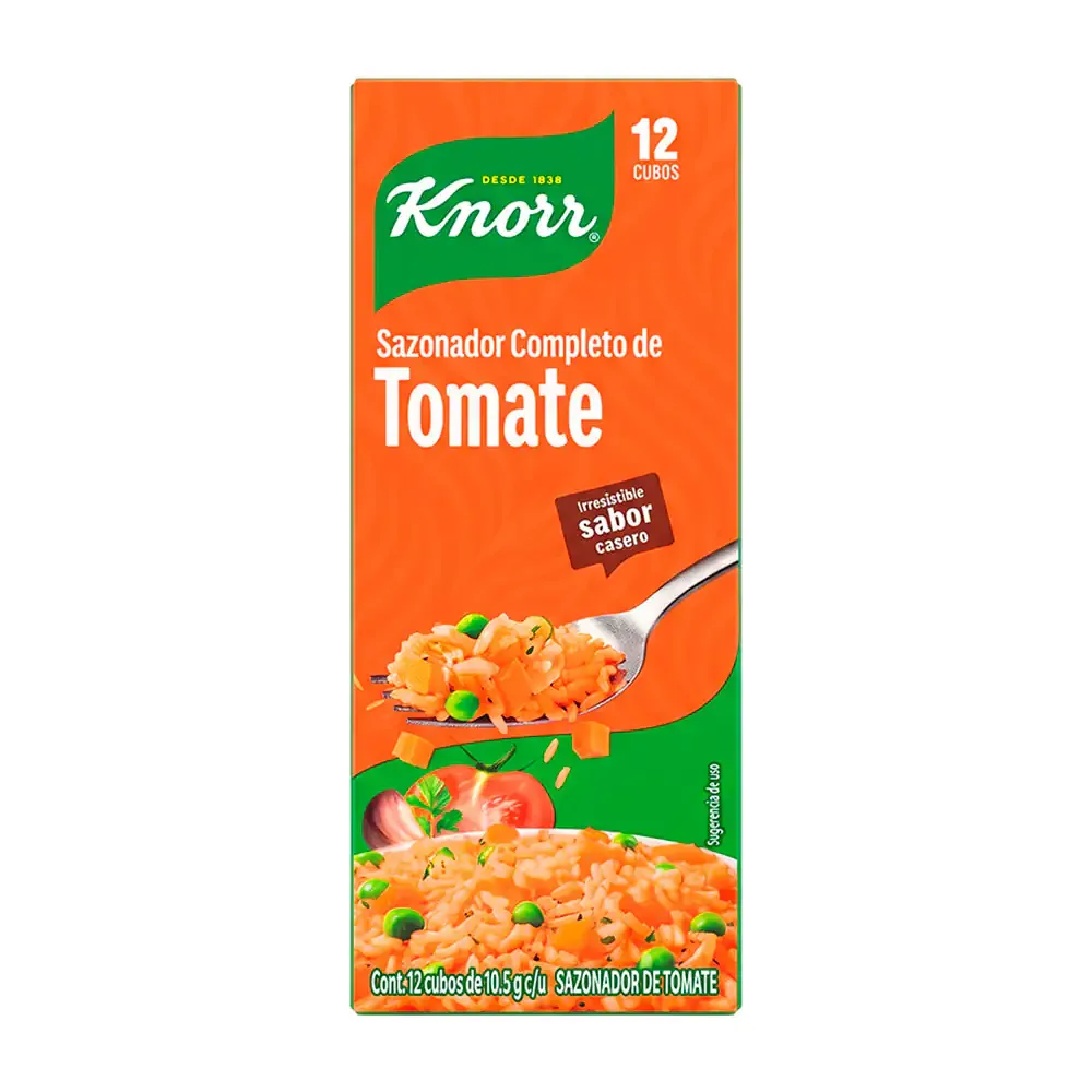 Caja con 12 cubitos de sazonadores knorr de tomate, 10.5g cada cubo