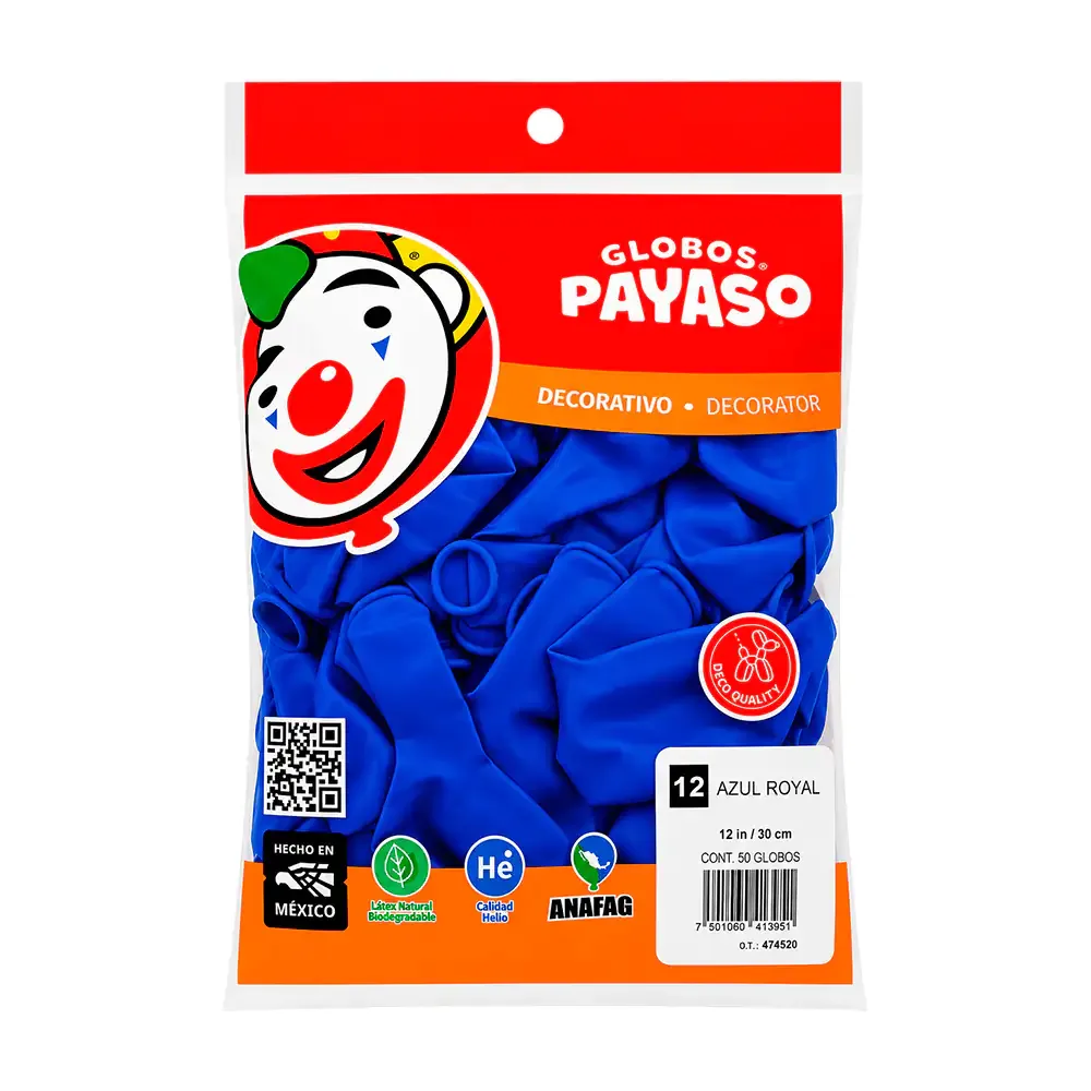 Paquete con 50 globos payaso de 12 pulgadas en tono azul royal / 413951