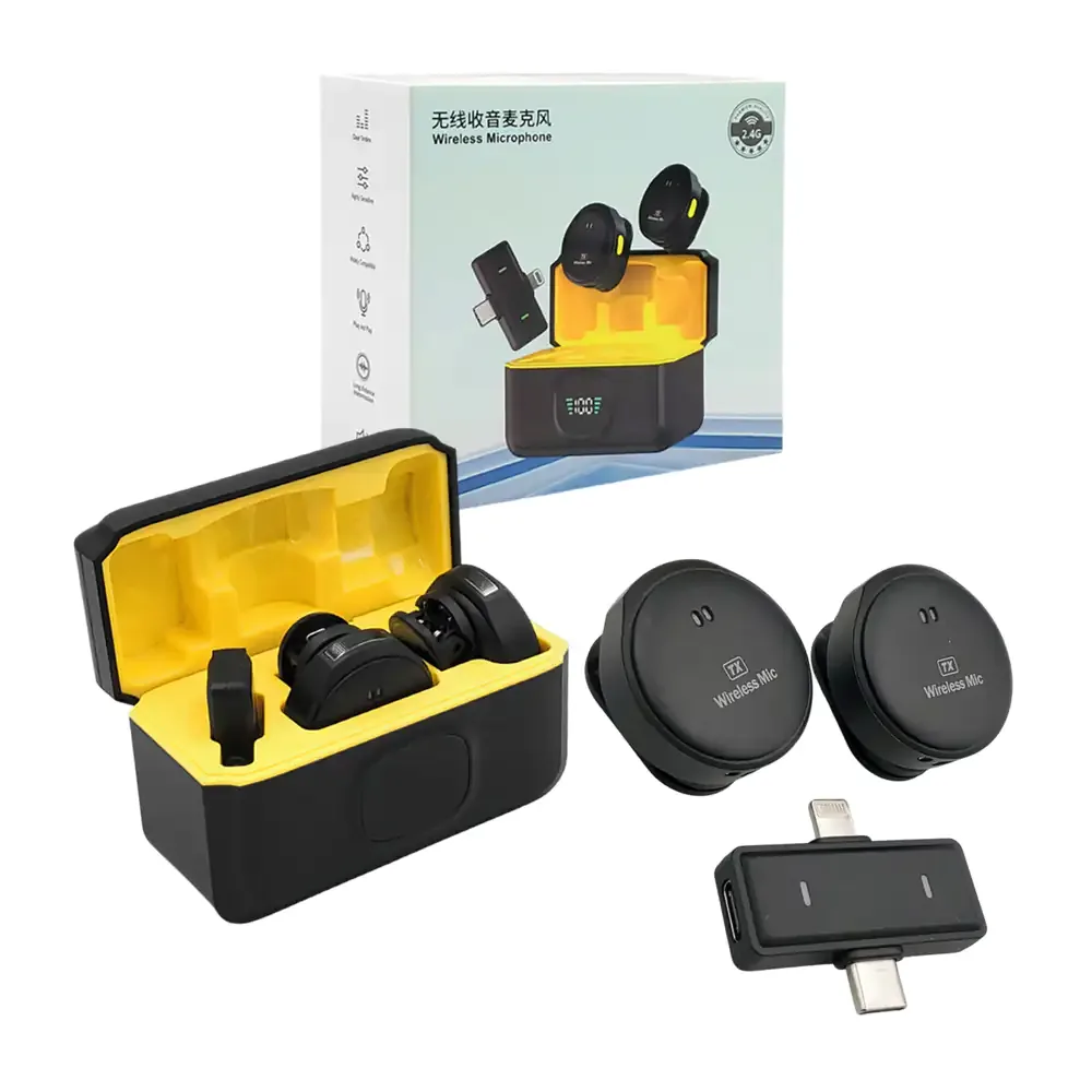 Micrófonos inalámbricos con entrada tipo c - lightning + estuche con indicador