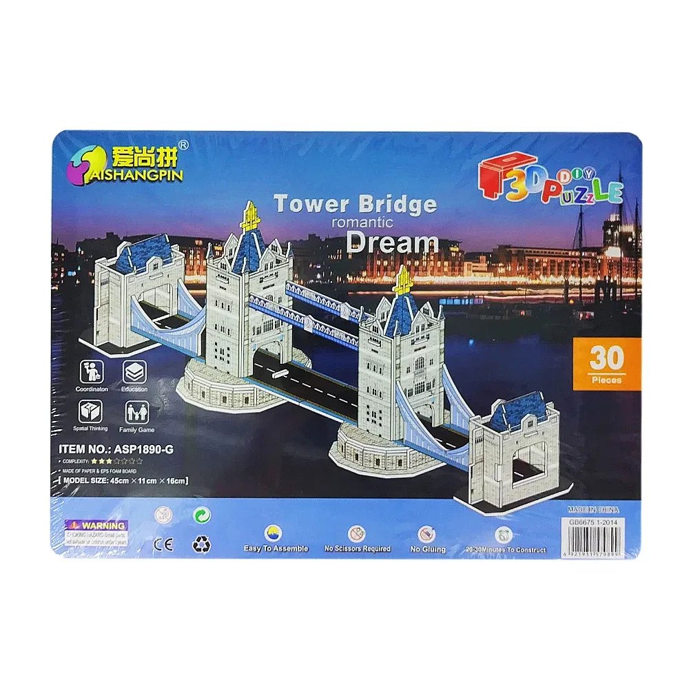 Rompecabezas 3d de juguete armable con 30 piezas en forma del puente de la torre de Londres de 45x11x16cm / tower bridge romantic dream / asp1890-g